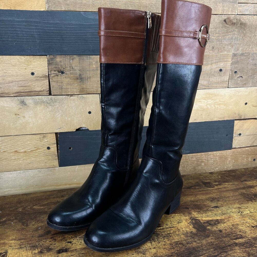 Nautica Kaija Boots Womens 10W Black Cognac Full Zip Knee High Riding